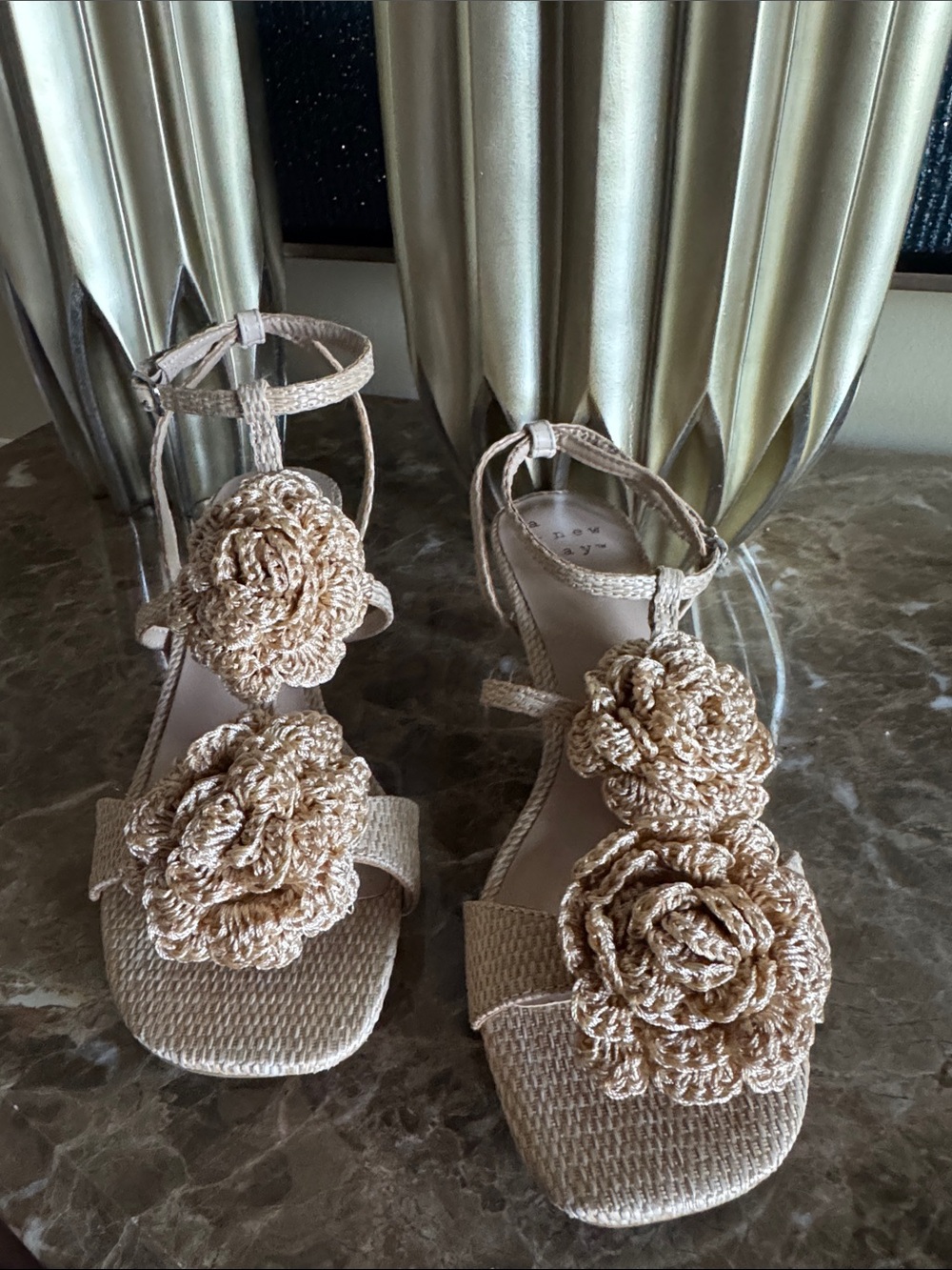 a new day Beige Crochet Flower Ankle-Strap Sandals